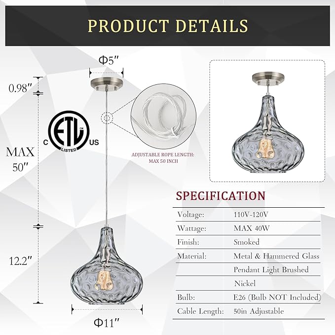 11" Smoked Hammered Glass Pendant Light – Blown Glass Ceiling Fixture with Brushed Nickel Finish, Modern Industrial Lighting for Kitchen Island, Dining Room, Hallway, Living Room