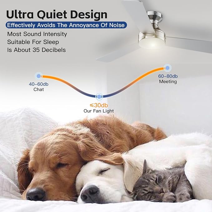 42 Inch Ceiling Fans with Lights And Remote, 3CCT/Flush Moun/6 Speed/Nickel | Flush Mount Low Profile Ceiling Fan, 6 Speed Noiseless LED Ceiling Fan, Brushed Nickel Ceiling Fan for Bedroom Living Room