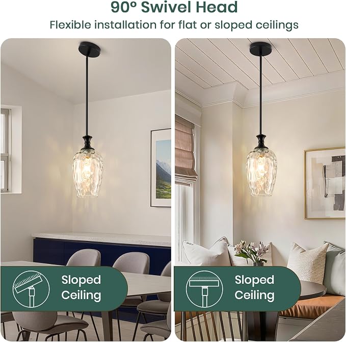 Glass Pendant Lights Kitchen Island, Modern Black Pendant Lighting Fixtures with Clear Glass Shade, Adjustable Hanging Light for Kitchen Sink, Dining Room & Bathroom 2 Pack