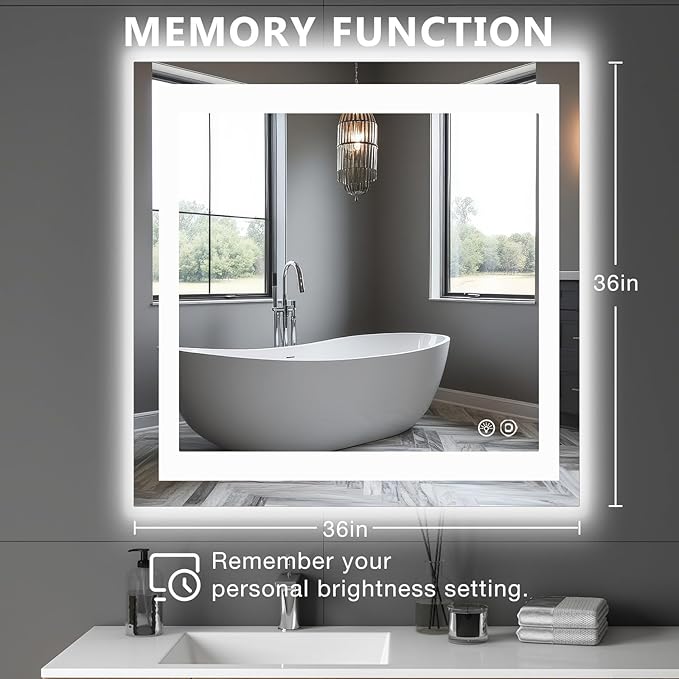 DUMOS 36.1"x36.1" LED Bathroom Mirror, Smart Anti-Fog Bathroom Vanity Mirror with 3 Color Temperatures, Dimmable, Memory Function