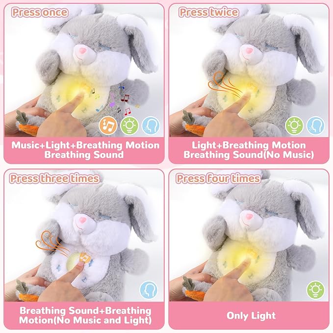 Breathing Stuffed Animal, Soothe Snuggle Bunny Plush, Sleep Buddy Soothing Stuffed Bunny for Anxiety Adults and Kids, Volume Control Easter Bunny Gifts with Realistic Breathing and Lights Music