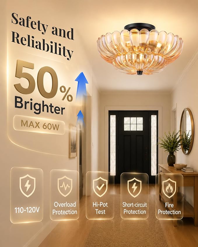 Semi Flush Mount Ceiling Light Fixture 14" Vinatge Black Ceiling Lights Mid Century Modern Glass Close to Ceiling Lighting Fixtures for Bedroom Hallway Kitchen Laundry Room Bathroom Foyer