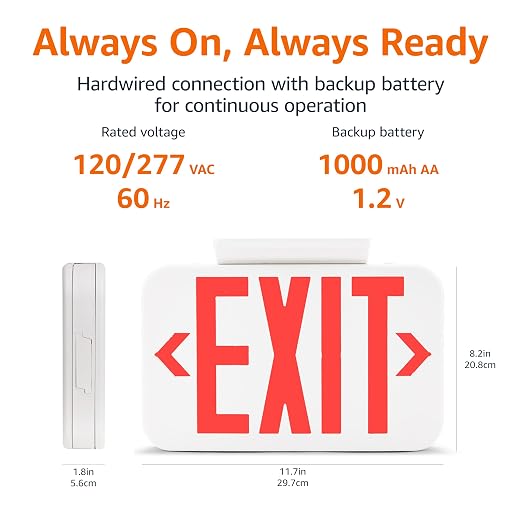 Amazon Basics LED Emergency Exit Sign, Double Face, UL Certified, Fire Retardant, Hardwired with Battery Backup, Red, 1-Pack