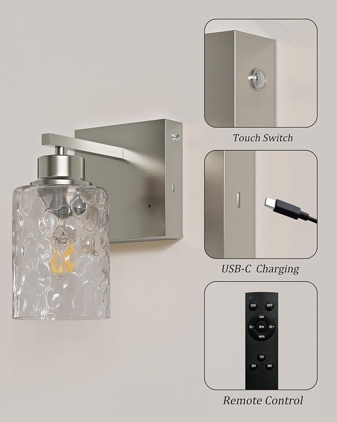 Hammered Glass Wireless Battery Operated Wall Sconces Set of Two Nickel | Dimmable Rechargeable Wall Lights with Remote Timer, Easy Install Lamp for Living Room Bedroom, Emergency 3000K