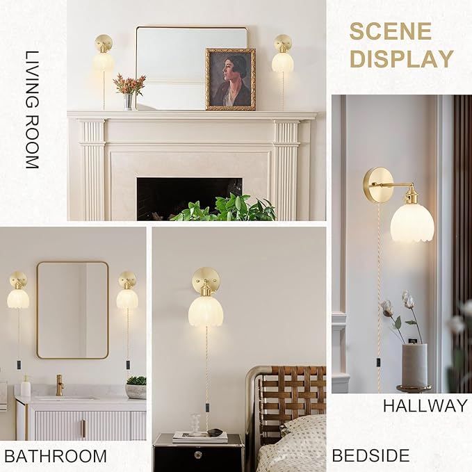 Plug in Wall Sconces Set of 2, Vintage Wall Sconce Light with Tulip Milk White Glass Lampshade, Bedroom Wall Sconce with Switch and Plug in wall lamp Cord, Gold Wall Light Wall Decor Set of 2