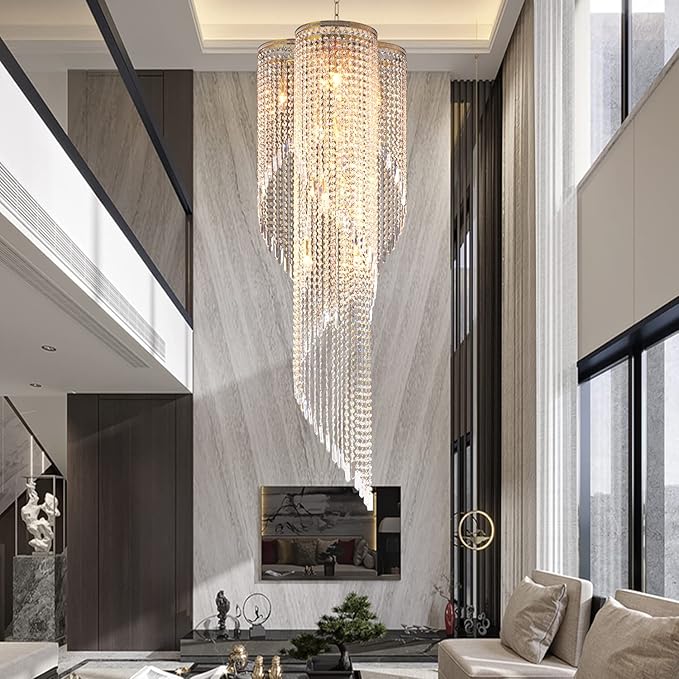 Large Spiral Crystal Beaded Strands Chandelier for High Ceiling, 9-Lights Luxury Gold Foyer Pendant Light, Modern Semi-Flush Mount Ceiling Light Fixture for Entryway Staircase, D21.7'' x H59''