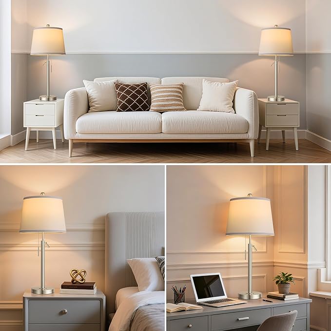 Bedside Table Lamps Set of 2, Tall Silver Table Lamps for Living Room, Height Adjustable Nightstand Lamps for Bedroom, Modern Lamps with Pull Chain for End Table Office(Bulbs Included), Sand Nickel