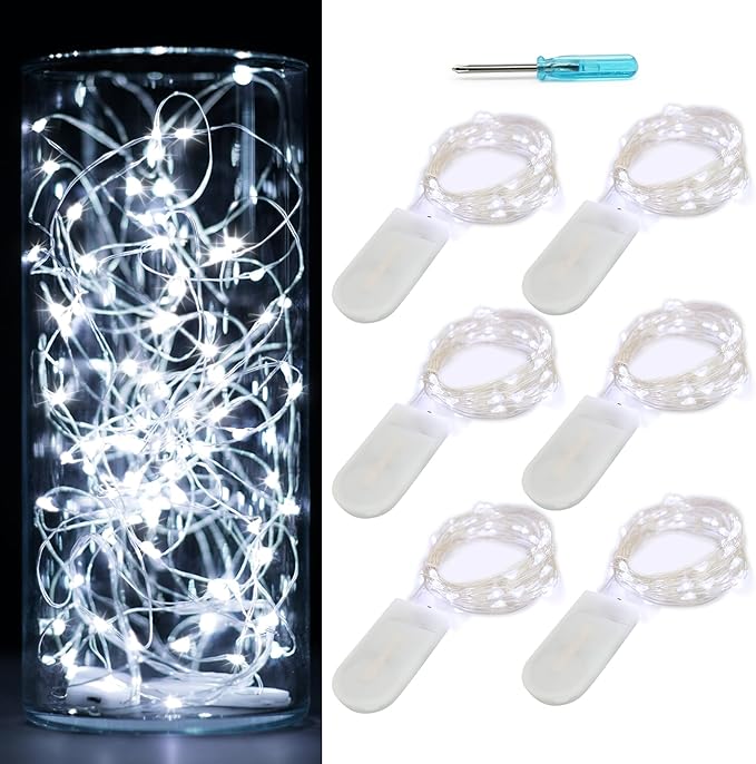 6Pack Fairy Lights Battery Operated,No Remote Firefly Light,7ft Cool White | 20 LEDs Starry String Lights, Waterproof Silvery Copper Wire Lights for Wedding Party Bedroom Patio Christmas Table Decor