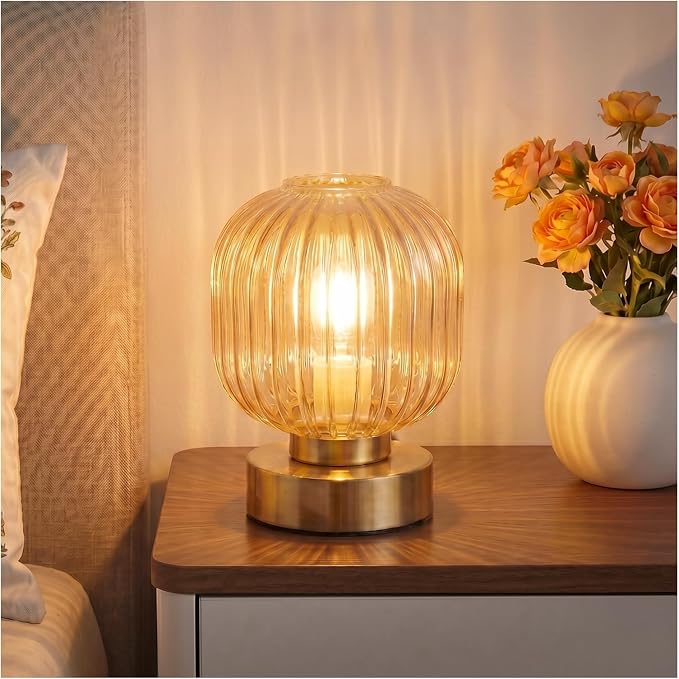 Elenhome Amber Touch Glass Table Lamp, 3-Way Dimmable Bedside Lamp, Vintage Mid-Century Modern Small Nightstand Lamp for Bedroom and Living Room, Ambient Mood Lighting, LED Bulb Included