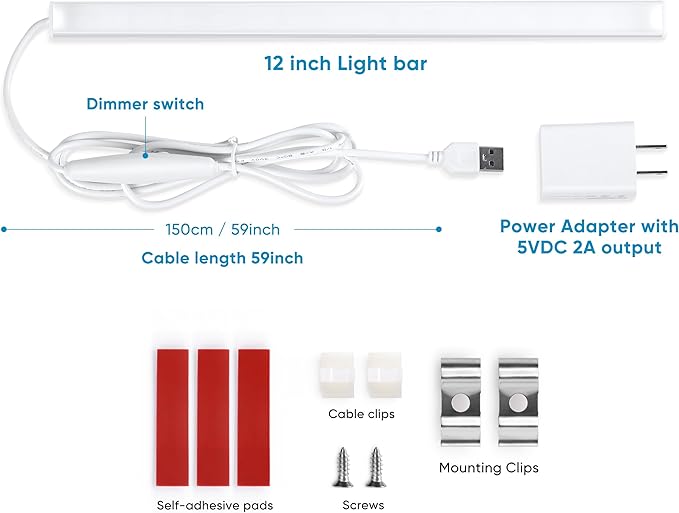 Litever Under Cabinet Light Kit with USB Powered for Kitchen Counter, Workbench, Coffee Station, Workspace, Closet. Adapter, Dimmer, 12 Inch LED Light. Daylight 5000K