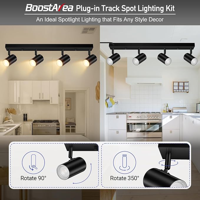 Plug in Track Lighting, LED Track Light Kit, Black 4-Light Track Lights for Kitchen, 15 FT Cord,23" Ceiling Spotlight, Rotatable Wall Mount Light Head for Bedroom Hallway Living Room