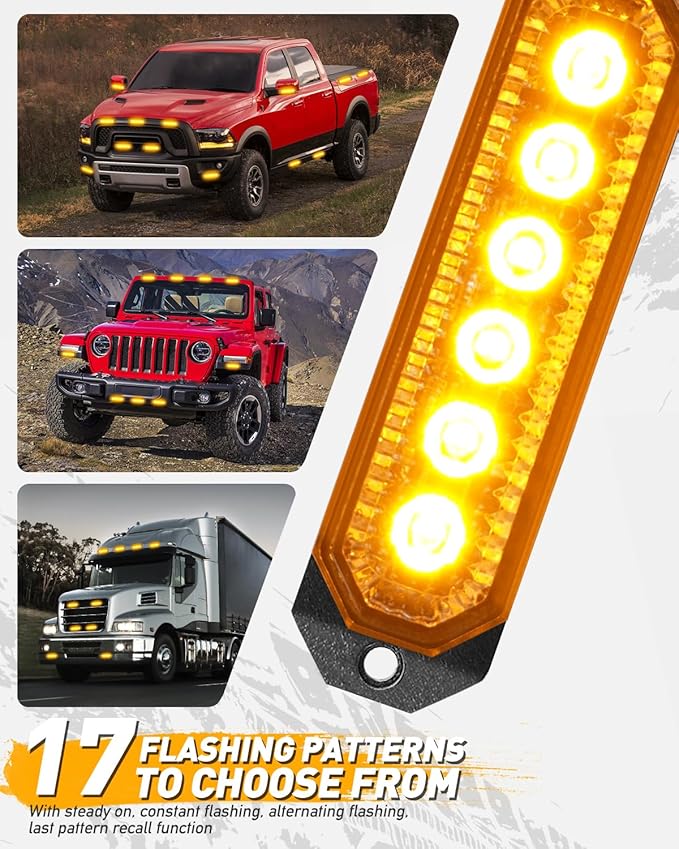 HLauto 406T Emergency Strobe Grille Lights: 4Pcs 6 LED Sync Feature Safety Warning Flashing Light, 12V-24V Ultra Slim Surface Mount Hazard Caution Light for Truck, Vehicle, Car, ATV, UTV (Amber)