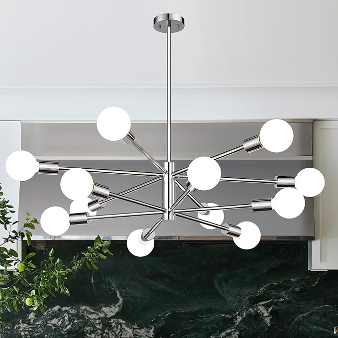 33" Modern Chandelier Ceiling Light Fixture, 12-Light Sputnik Chandeliers Chrome Mid Century Chandelier Over Table, Height Adjustable Chandeliers for Dining Room Living Room Kitchen