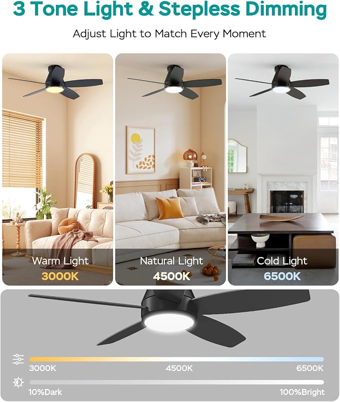 42 Inch Ceiling Fans with Lights, Quiet Reversible Fan with DC Motor, Remote & APP Control, 6-Speed, 3 Color Temperatures, Dimmable, Ceiling Fan for Bedroom Living Room,Black