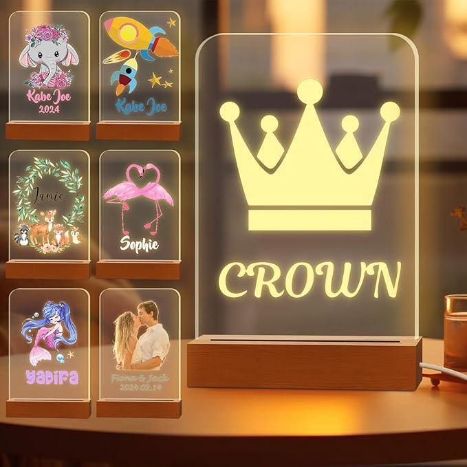 Personalized Night Light for Kids Custom Engraved Name Acrylic LED Lights with Wood Base for Nursery Bedroom Decor Night Lamp, Customized Birthday Gifts for Boy and Girl,Crown