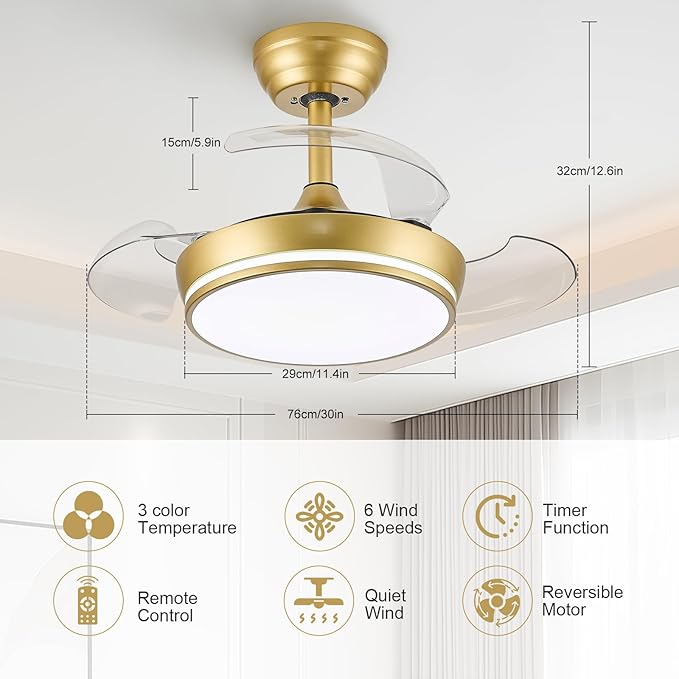 STERREN 30" Retractable Ceiling Fans with Lights, Dimmable LED Ceiling Fan Remote Control, Modern Small Fan Light for Bedroom Living Room Dinning Room Kitchen, 3000K-6500K, 6 Speed (Golden)