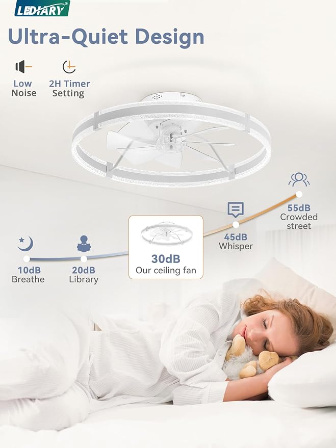 LEDIARY 24'' Modern Low Profile Ceiling Fans with Lights and Remote, White | 3000-6000K Dimmable LED, 6 Wind Speeds, Quiet Reversible DC Motor, Small Flush Mount Fandelier for Bedroom, Living Room