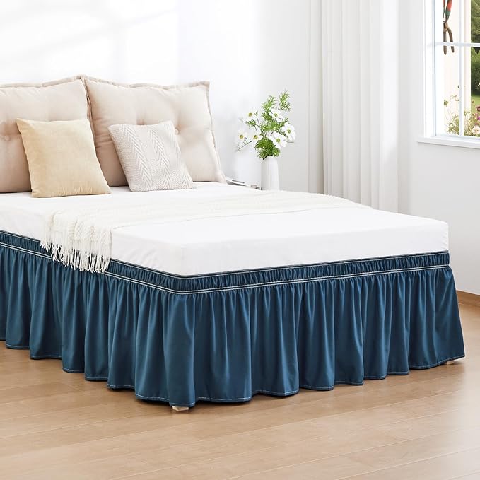 RIMELA Dusty Navy Bed Skirt King Size 15 Inch Drop, Wrap Around Elastic Bedskirt, Dust Ruffle for Adjustable Bed Base Machine Washable Easy to Install Bed Skirts