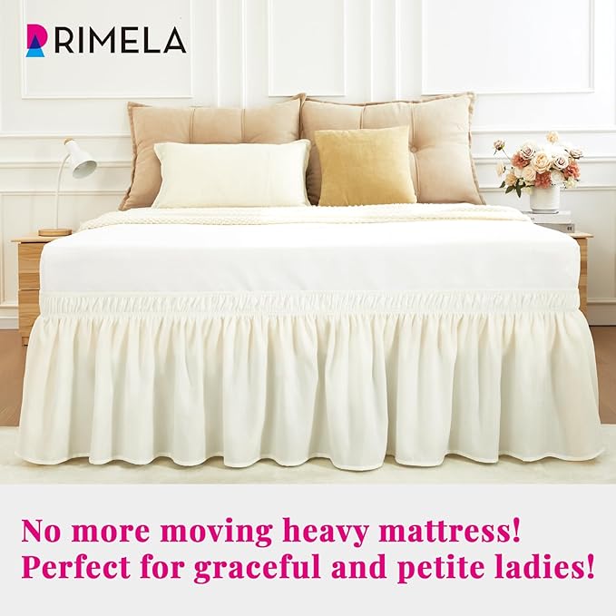 RIMELA Cream Queen Bed Skirt 18 Inch Drop, Wrap Around Elastic Bed Skirts Queen Size Dust Ruffle, Bedskirt for Adjustable Bed Base Solid Fade Resistant Silky Fabric Machine Washable