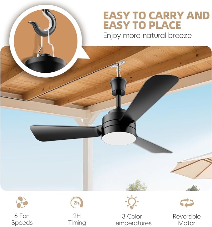 PBLALA 28" Gazebo Fan with Light,Plug in Ceiling Fan Light,Outdoor Ceiling Fan with Light,Hanging Fan with Hook,35W 3000-6500k,Remote/APP Control,Portable Fan Light for Patios,Porch