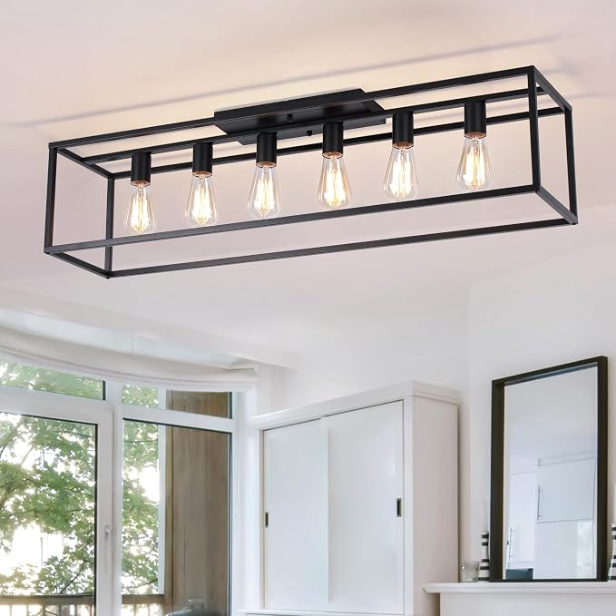 Garwarm 38" Farmhouse Kitchen Ceiling Light, Black Rectangle Flush Mount | 6-Light Farmhouse Dining Room Light Fixture, Industrial Rectangle Chandelier for Low Ceiling Living Room, Bedroom & Entryway