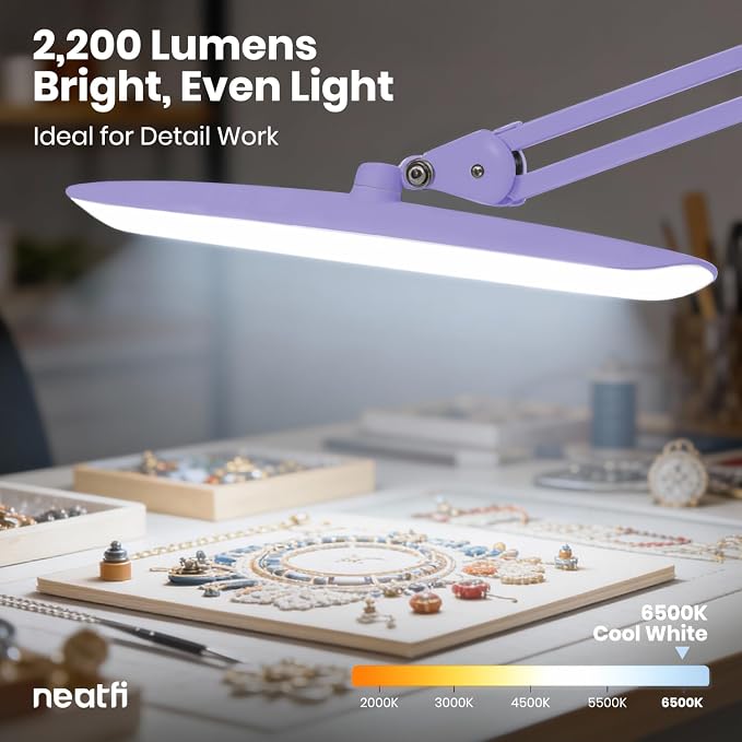 Neatfi XL 2200 Lumens 24W LED Desk Lamp – Shadow-Free Task Lighting | 4-Level Dimming | Home Office & Crafts Use | 20-Inch Wide Head (Lavender, Non-CCT with Clamp)