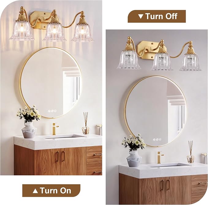 Brushed Gold 3-Light Bathroom Vanity Light, Crystal Glass Shade | Vintage Look, Antique Gold Finish, Solid Metal Frame, Wall Mount Lighting Fixtures Over Mirror, for Bathroom Restroom