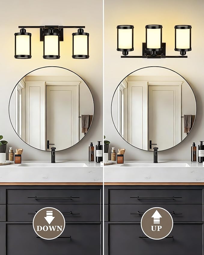 3-Light Black Bathroom Light Fixtures with Milk White Frosted Glass, 21" Modern Bathroom Vanity Lighting Fixtures Over Mirror with Metal Cage, Wall Sconce Lights for Bath, E26, OS-3014BKW-3W