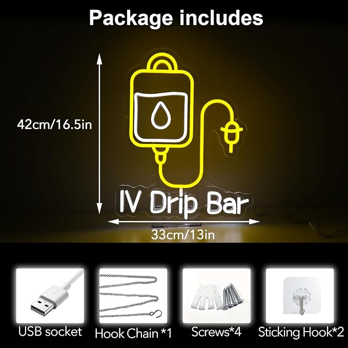 IV Drip Bar Neon Sign - Dual-Tone LED Wall Light with Dimmable Function | USB Powered, Night Light for Medical Offices, IV Therapy Clinics & Home Decor, Easy Installation, Energy Saving
