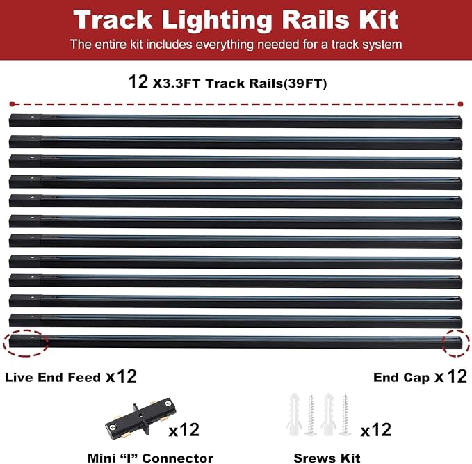 39FT H Track Lighting Rails Black, H Type Track Lighting Rails Kit with End Caps and Live End Feed Connector, Compatible with 3-Wire Single Circuit H Style System