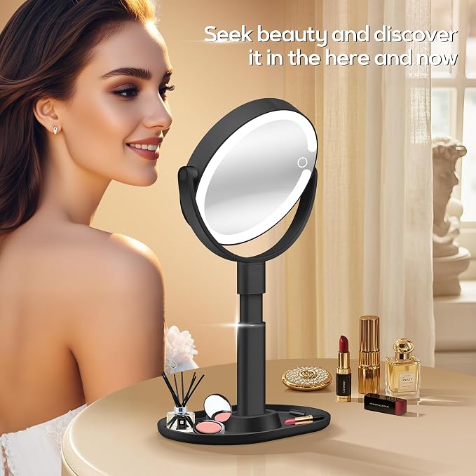 Makeup Mirror with Lights, Lighted Magnifying Mirror 30X with 3 Lighting and Adjustable Brightness, 2-Sided Height Adjustable Vanity Mirror for Bathroom, Gifts for Women Black