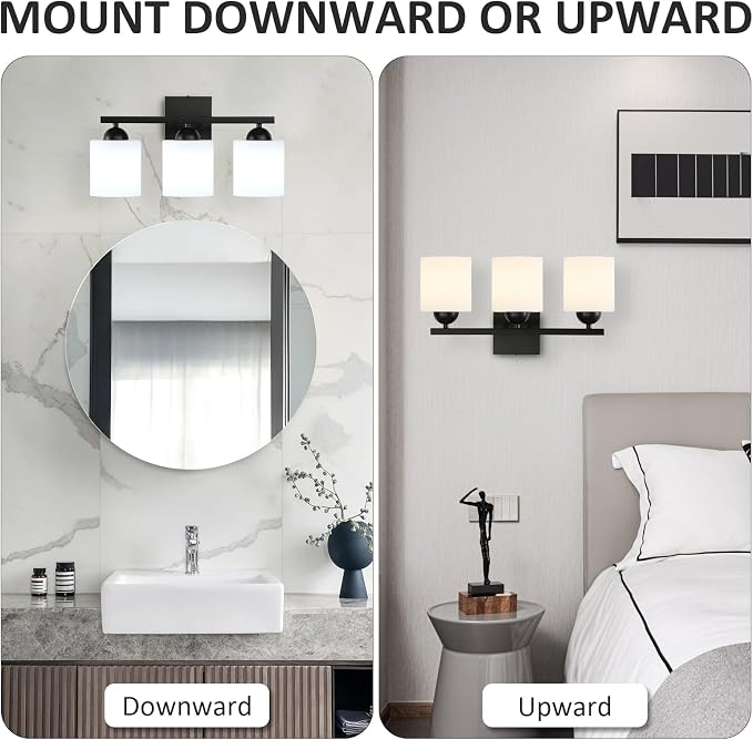 3-Light Matte Black Bathroom Vanity Light, Modern Bathroom Light Fixtures Over Mirror, Farmhouse Wall Sconce with Milky White Glass Shades, E26 Socket