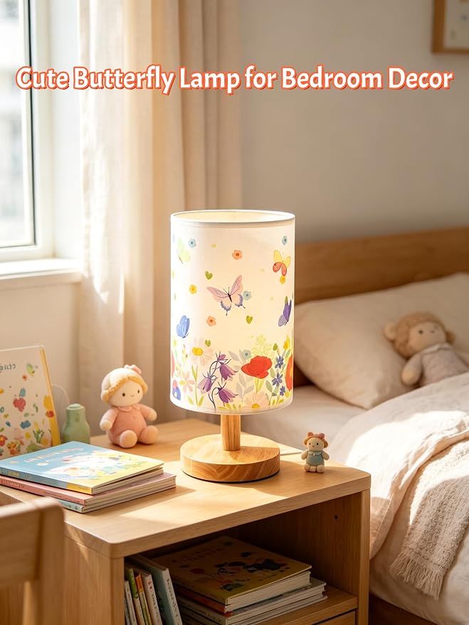Butterfly Kids Table Lamp for Bedroom Girls Flower Bedside Lamps-3 Colors Nightstand Night Light with Butterfly&Flowers Lampshade Desk Lamp for Boy Girls Room Home Decor,Butterfly Gift for Girl