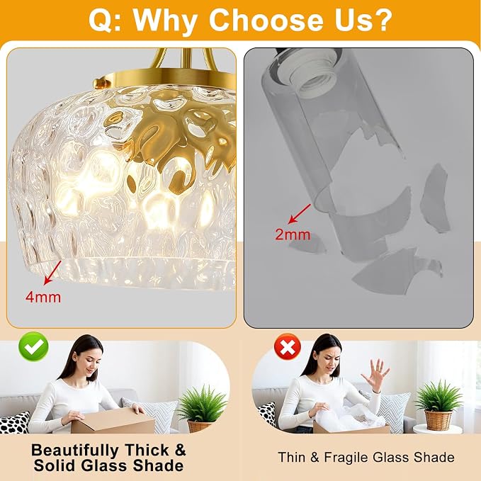 Modern Pendant Lights Kitchen Island, 3-Light Gold Pendant Light Fixtures with 14.2" Clear Hammered Glass Shade, Industrial Hanging Pendant Lights Fixture for Kitchen Island, Dining Room, Entryway