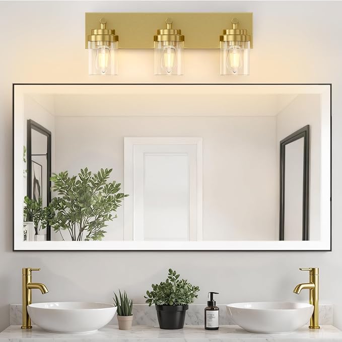 IZORRO Bathroom Vanity Light Fixture, 3-Light 22 Inch Gold Bathroom Light Fixtures Over Mirror, with Clear Glass Shade, Modern Farmhouse Vanity Lights, Rustic Restroom Lighting Fixtures