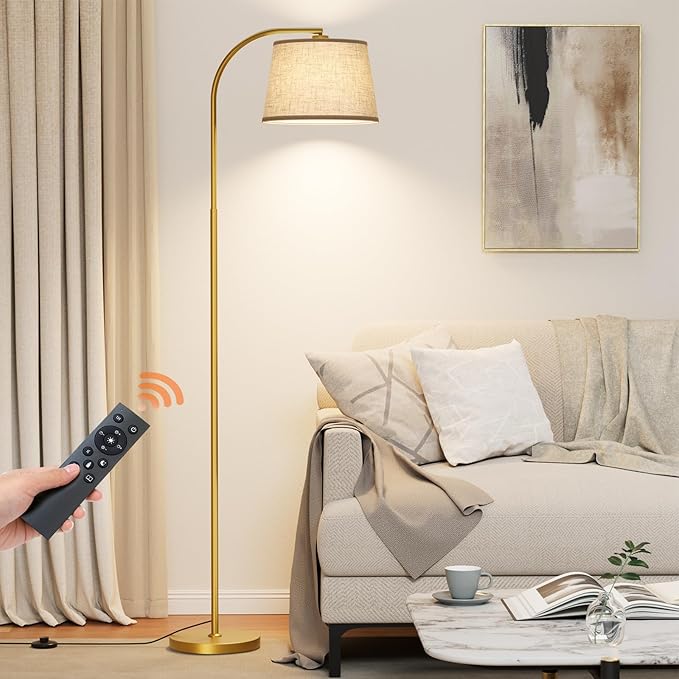 Karjoefar 64" 3 Color Dimmable Gold Arc Floor Standing Lamp with Remote | Floor Lamp with Adjustable Linen Shade, 350° H & 180° V Rotation, 9W Bulb, Floor Lamps for Living Room, Bedroom & Office