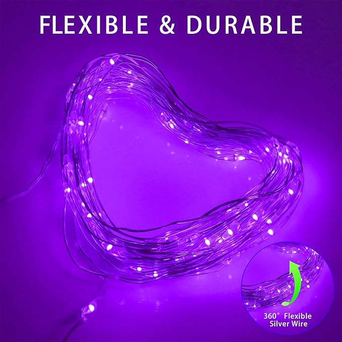 YAOZHOU Solar Christmas Halloween String Lights Purple Outdoor Waterproof 2Pack Total 200Led 8 Modes Copper String Lights Fairy Lights for Valentine's Day Garden, Patio, Fence, Balcony, Outdoors
