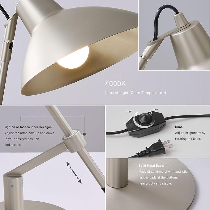 Desk Lamp Modern Industrial 100% Metal Adjustable Table Lamp 24", Natural Light (4000K) with Dimmer, Ideal for Office Bedroom Study Room Living Room Nightstand Bedside Lamps Nickel