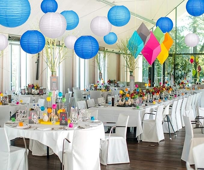 Blue Paper Lanterns 12 Pcs Assorted size of 6" 8" 10" 12" Chinese Round Paper Hanging Decorations Lanterns Lamps for Home Decorations, Parties, and Weddings