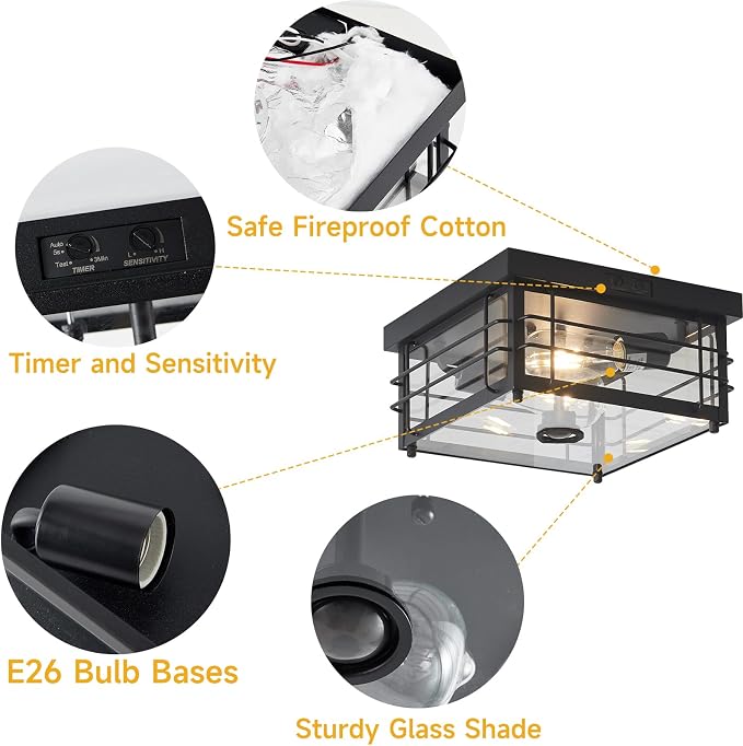 Yisuro Outdoor Ceiling Light with Motion Sensor, Dusk to Dawn Flush Mount Ceiling Light, Adjustable Timer & Sensitivity, Exterior Porch Light Fixture for Front Door, Patio, Garage, Square, Black