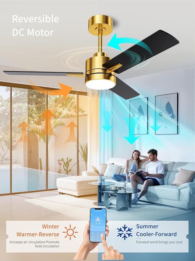 LANMEL Metal Ceiling Fan with Lights and Remote, 42 Inch, Gold & Black | Modern Low Profile Flush Mount, Reversible, 3CCT Dimmable, Quiet, LED, For Bedroom, Living Room, Indoor/Outdoor Patio Use