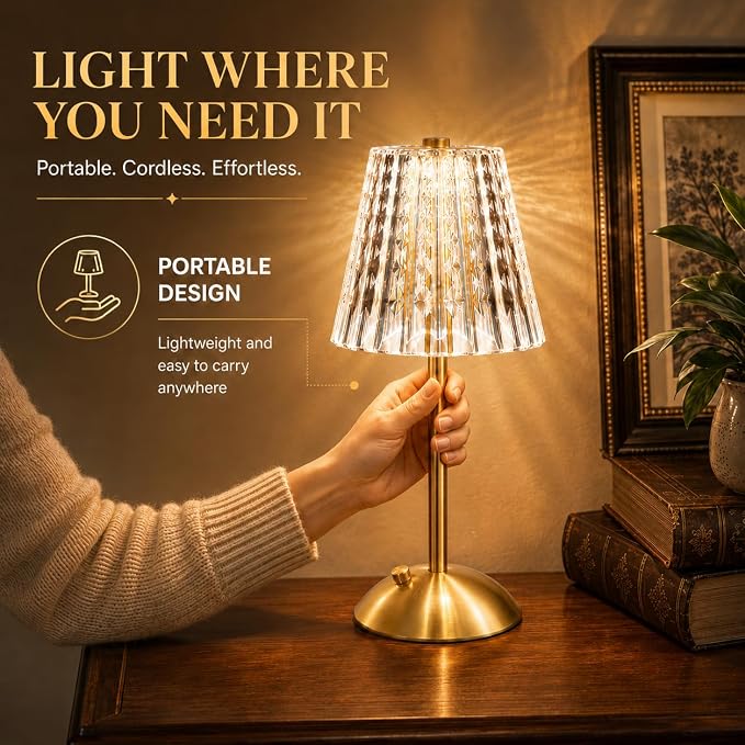 Cordless Gold Table Lamp Rechargeable Touch Desk Lamp with 3 Color Temps | Small Dimmable Table Lamp With Crystal - Battery Operated Nightstand Lamp for Bedroom/Dining Table/Restaurant/Kitchen/Bar