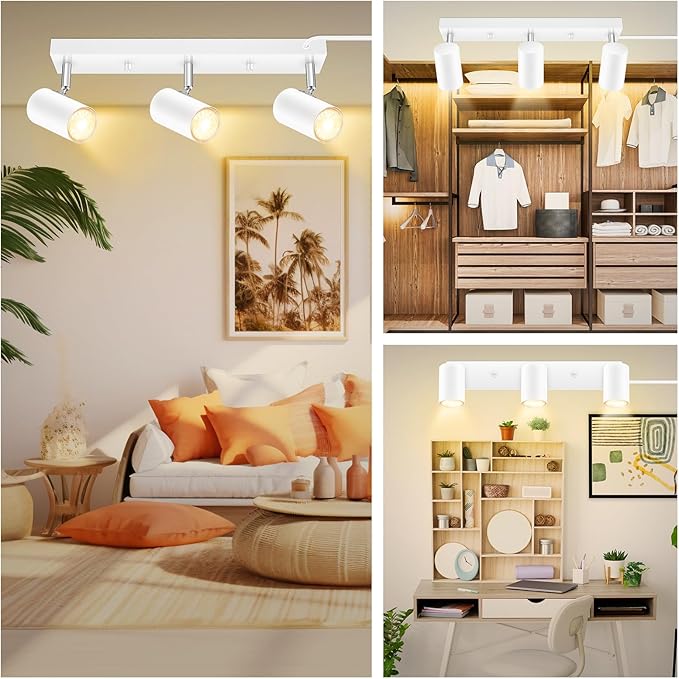 3 Light Track Lighting Kit,White 3 Way Flexible Plug in Ceiling Spotlight,Industrial LED Wall Light for Kitchen Cabinet Gallery Bar Hallway Living Room,Rocker Switch,15 ft Cord(No Bulb)
