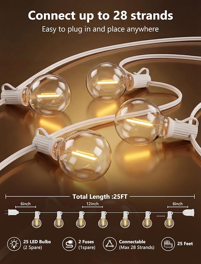 25Ft G40 LED White Outdoor String Lights with 27 Shatterproof Globe Bulbs | IP65 Waterproof Patio Lights Plug In, 2700K Warm White, Connectable Hanging Outdoor Lights for Backyard Wedding Party Bistro