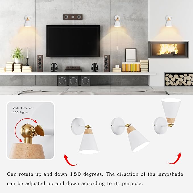 Wall Sconce Set of 2, Wall Sconce with Metal Shade, Plug Switch, Indoor Decor Wall Mount Swing Arm Lamp for Bedroom,Hallway,Living Room,Reading, White