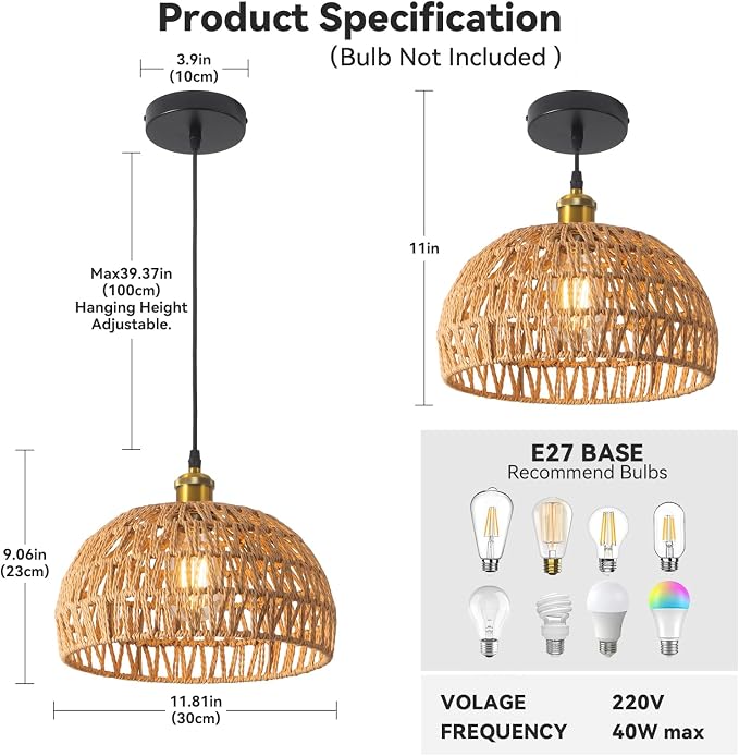 Hanging Lamps Rattan Pendant Light,Cord Bamboo Pendant Light Fixture Hanging Lamp Boho Ceiling Light Fixtures Farmhouse Pendant Lamp Shape for Living Room Bedroom Kitchen,30CM,E26 Base