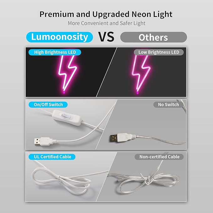 Lumoonosity Lightning Bolt Neon Signs, USB Powered Led Lightning Bolt Light with On/Off Switch, Lightning Neon Sign for Wall Decor, Hanging Led Signs, Neon Lights for Bedroom, Gaming Room Setup