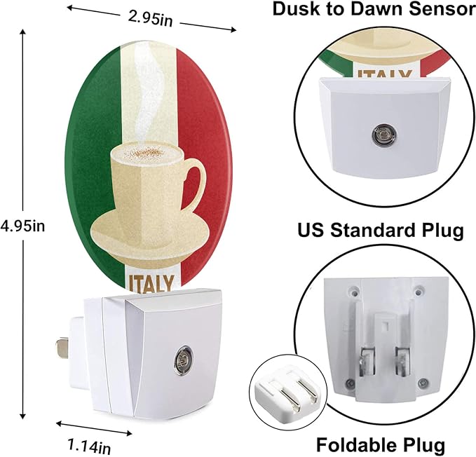 Italy Coffee Night Light Espresso with Italian Flag with Italian Flag Night Lights Plug into Wall Auto on/Off for Hallway Stairway Kitchen Home Decor, Green Red Beige