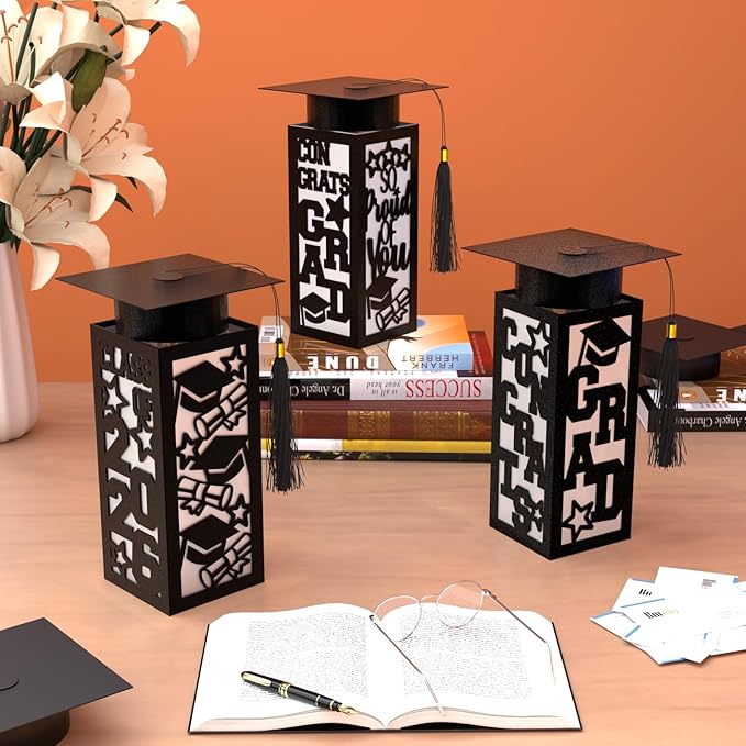 6 Pcs Graduation Table Centerpieces Boxes Class of 2026, Black Graduation Paper Lanterns Boxes with String Lights Hollow Out for Congrats Grad School College Table Decorations Grad Party Photo Props
