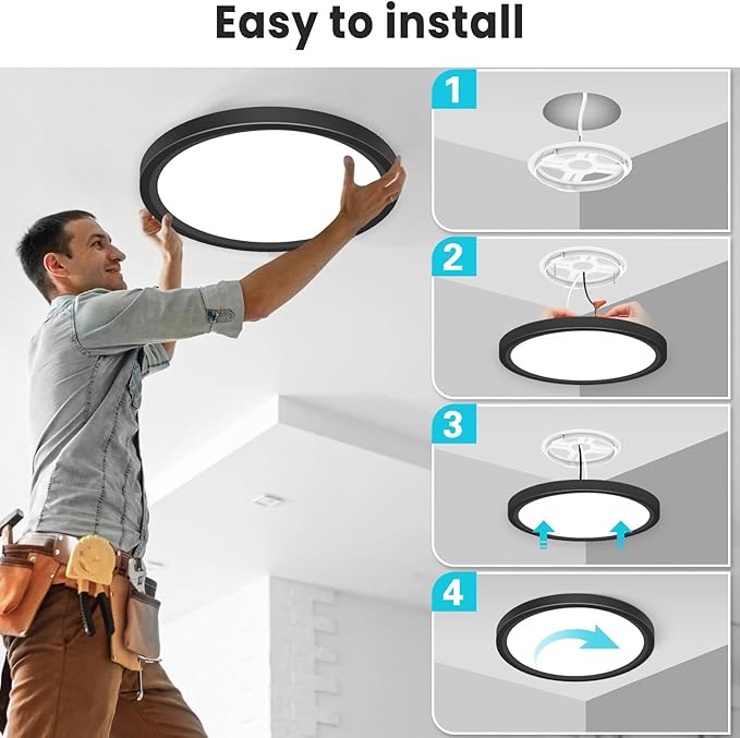 libtit 12 inch Flush Mount LED Ceiling Light Fixture, 3000K 4000K 6500K Adjustable, 28W 3200lm Black Round Lighting Fixtures for Bathroom Shower Hallway Kitchen, 4 Pack